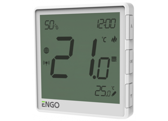 Терморегулятор беспроводной Engo аккумуляторный, с модулем Zigbee, со встроенным датчиком влажности и выносным теплого пола, белый EONE-BATW