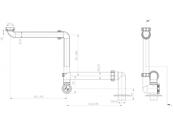 Сифон для компактного расположения под мойкой c горизонтальным выпуском DN40 HL137/40