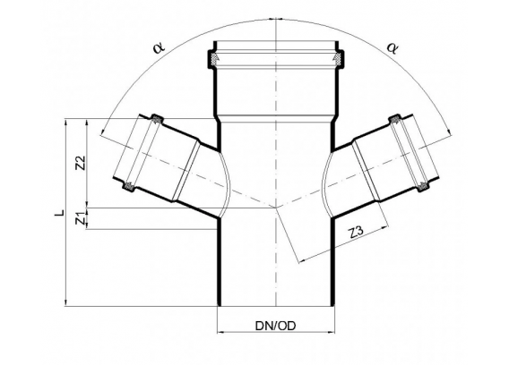 Крестовина канализационная бесшумная Poloplast POLO-KAL NG DN 90 x 90 x 90 (67,5°) P2846