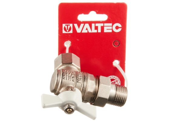 Кран шаровой латунный Valtec Base 1/2 ВР х 1/2 НР ручка бабочка, угловой, с полусгоном, белый VT.228.NW.04