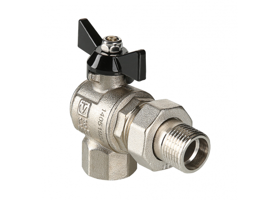 Кран шаровой латунный Valtec Perfect 1/2 ВР x 1/2 НР ручка бабочка, с полусгоном, угловой VT.328.N.04