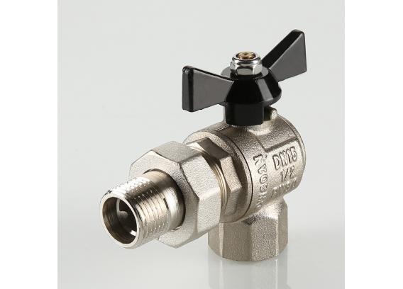 Кран шаровой латунный Valtec Perfect 1/2 ВР x 1/2 НР ручка бабочка, с полусгоном, угловой VT.328.N.04
