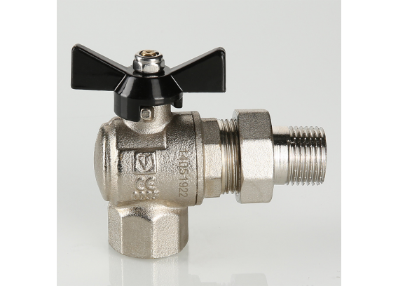 Кран шаровой латунный Valtec Perfect 1/2 ВР x 1/2 НР ручка бабочка, с полусгоном, угловой VT.328.N.04
