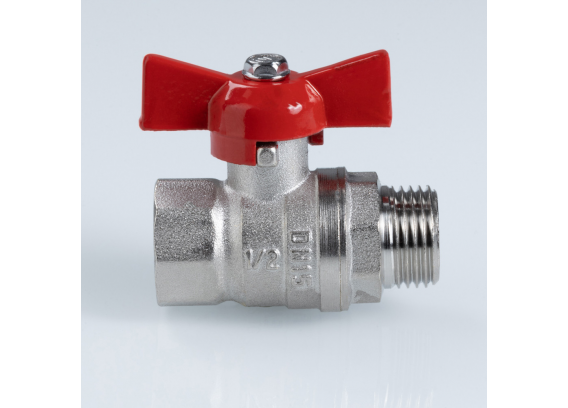 Кран шаровой латунный Valtec Стандарт 1/2 ВР x 1/2 НР ручка бабочка, никелированный VT.123.N.04