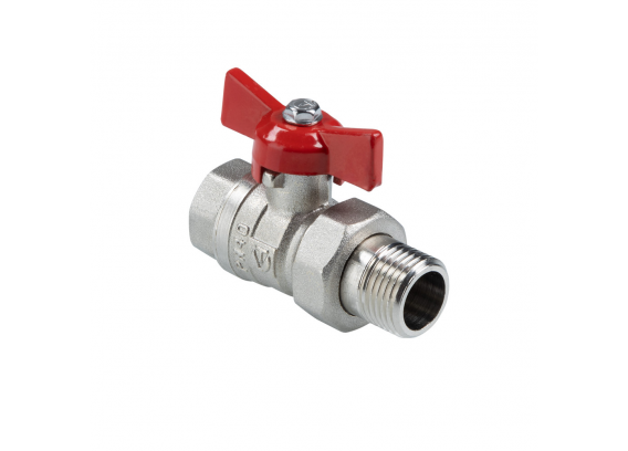 Кран шаровой латунный Valtec Стандарт 1/2 ВР x 1/2 НР ручка бабочка, никелированный, с полусгоном VT.127.N.04