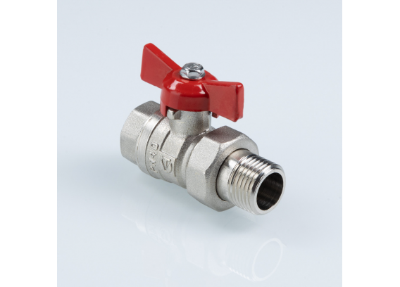 Кран шаровой латунный Valtec Стандарт 1/2 ВР x 1/2 НР ручка бабочка, никелированный, с полусгоном VT.127.N.04