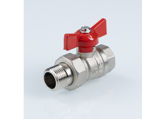 Кран шаровой латунный Valtec Стандарт 1/2 ВР x 1/2 НР ручка бабочка, никелированный, с полусгоном VT.127.N.04