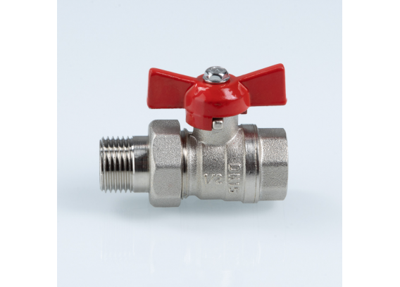 Кран шаровой латунный Valtec Стандарт 1/2 ВР x 1/2 НР ручка бабочка, никелированный, с полусгоном VT.127.N.04