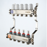 Коллекторная группа Valtec из нержавеющей стали, 1" x 3/4" ЕК на 2 выхода, с регулирующими клапанами и расходомерами, без сервисной группы VTc.579.EMN.0602