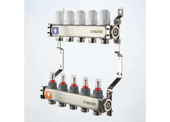 Коллекторная группа Valtec из нержавеющей стали, 1" x 3/4" ЕК на 2 выхода, с регулирующими клапанами и расходомерами, без сервисной группы VTc.579.EMN.0602