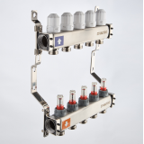 Коллекторная группа Valtec из нержавеющей стали, 1" x 3/4" ЕК на 2 выхода, с регулирующими клапанами и расходомерами, без сервисной группы VTc.579.EMN.0602