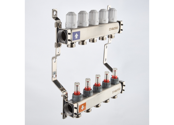 Коллекторная группа Valtec из нержавеющей стали, 1" x 3/4" ЕК на 2 выхода, с регулирующими клапанами и расходомерами, без сервисной группы VTc.579.EMN.0602