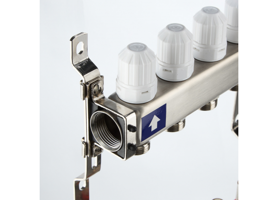 Коллекторная группа Valtec из нержавеющей стали, 1" x 3/4" ЕК на 2 выхода, с регулирующими клапанами и расходомерами, без сервисной группы VTc.579.EMN.0602