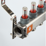 Коллекторная группа Valtec из нержавеющей стали, 1" x 3/4" ЕК на 2 выхода, с регулирующими клапанами и расходомерами, без сервисной группы VTc.579.EMN.0602