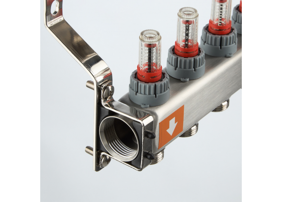 Коллекторная группа Valtec из нержавеющей стали, 1" x 3/4" ЕК на 2 выхода, с регулирующими клапанами и расходомерами, без сервисной группы VTc.579.EMN.0602