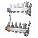 Коллекторная группа Valtec из нержавеющей стали, 1" x 3/4" ЕК на 4 выхода, с регулирующими клапанами и расходомерами, с сервисной группой VTc.579.EMNX.0604