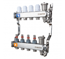 Коллекторная группа Valtec из нержавеющей стали, 1" x 3/4" ЕК на 7 выходов, с регулирующими клапанами и расходомерами, с сервисной группой VTc.579.EMNX.0607