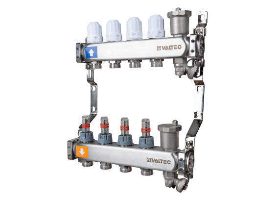 Коллекторная группа Valtec из нержавеющей стали, 1" x 3/4" ЕК на 4 выхода, с регулирующими клапанами и расходомерами, с сервисной группой VTc.579.EMNX.0604