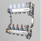Коллекторная группа Valtec из нержавеющей стали, 1" x 3/4" ЕК на 4 выхода, с регулирующими клапанами и расходомерами, с сервисной группой VTc.579.EMNX.0604