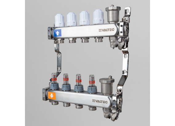 Коллекторная группа Valtec из нержавеющей стали, 1" x 3/4" ЕК на 4 выхода, с регулирующими клапанами и расходомерами, с сервисной группой VTc.579.EMNX.0604