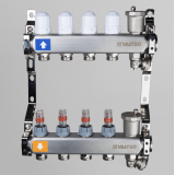 Коллекторная группа Valtec из нержавеющей стали, 1" x 3/4" ЕК на 4 выхода, с регулирующими клапанами и расходомерами, с сервисной группой VTc.579.EMNX.0604
