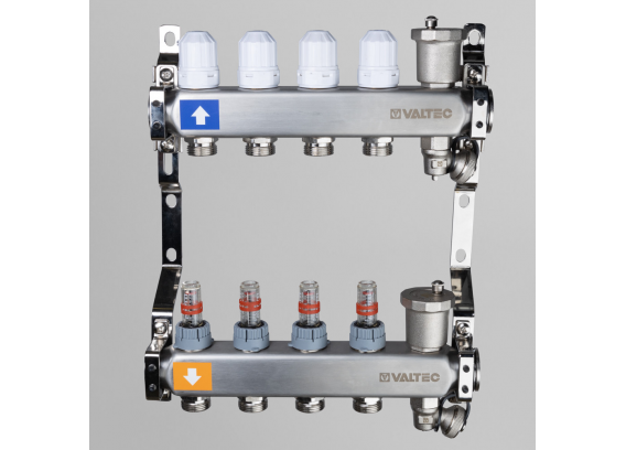 Коллекторная группа Valtec из нержавеющей стали, 1" x 3/4" ЕК на 4 выхода, с регулирующими клапанами и расходомерами, с сервисной группой VTc.579.EMNX.0604