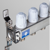 Коллекторная группа Valtec из нержавеющей стали, 1" x 3/4" ЕК на 4 выхода, с регулирующими клапанами и расходомерами, с сервисной группой VTc.579.EMNX.0604