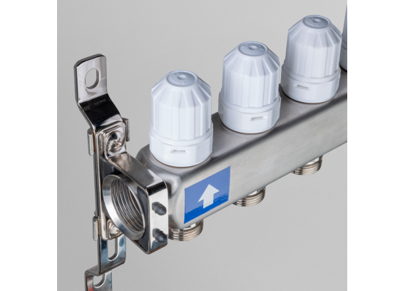 Коллекторная группа Valtec из нержавеющей стали, 1" x 3/4" ЕК на 4 выхода, с регулирующими клапанами и расходомерами, с сервисной группой VTc.579.EMNX.0604