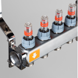 Коллекторная группа Valtec из нержавеющей стали, 1" x 3/4" ЕК на 4 выхода, с регулирующими клапанами и расходомерами, с сервисной группой VTc.579.EMNX.0604