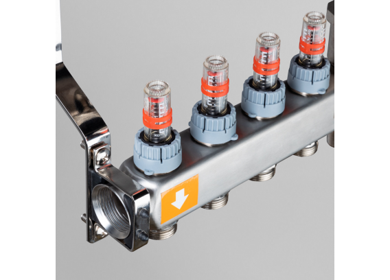 Коллекторная группа Valtec из нержавеющей стали, 1" x 3/4" ЕК на 4 выхода, с регулирующими клапанами и расходомерами, с сервисной группой VTc.579.EMNX.0604