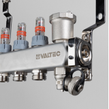 Коллекторная группа Valtec из нержавеющей стали, 1" x 3/4" ЕК на 4 выхода, с регулирующими клапанами и расходомерами, с сервисной группой VTc.579.EMNX.0604