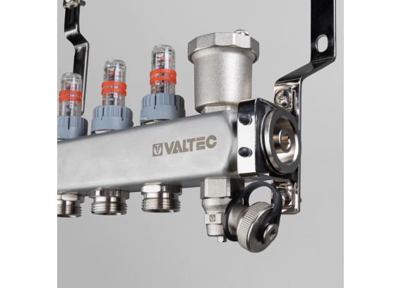 Коллекторная группа Valtec из нержавеющей стали, 1" x 3/4" ЕК на 4 выхода, с регулирующими клапанами и расходомерами, с сервисной группой VTc.579.EMNX.0604