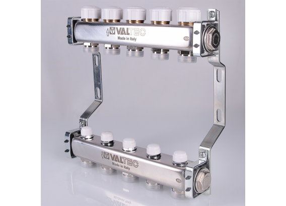 Коллекторная группа Valtec из нержавеющей стали, 1" x 3/4" ЕК на 3 выхода, с регулирующими и балансировочными клапанами VTc.582.EMNX.0603