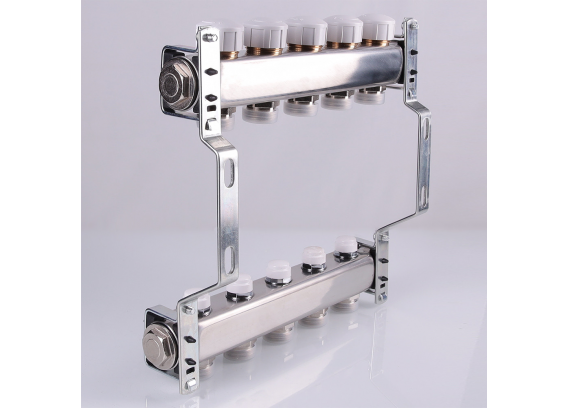 Коллекторная группа Valtec из нержавеющей стали, 1" x 3/4" ЕК на 3 выхода, с регулирующими и балансировочными клапанами VTc.582.EMNX.0603