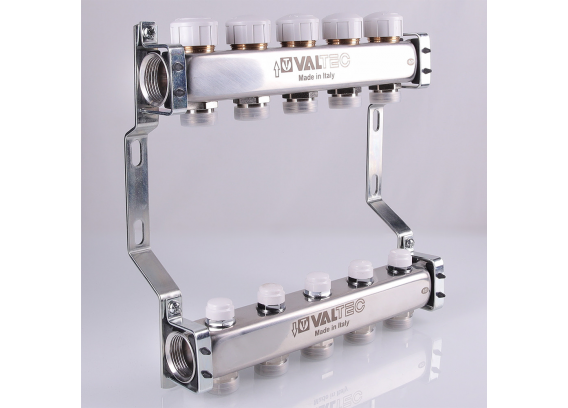 Коллекторная группа Valtec из нержавеющей стали, 1" x 3/4" ЕК на 3 выхода, с регулирующими и балансировочными клапанами VTc.582.EMNX.0603