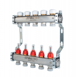 Коллекторная группа Valtec из нержавеющей стали, 1" x 3/4" ЕК на 5 выходов, с регулирующими клапанами и расходомерами VTc.584.EMNX.0605
