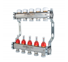 Коллекторная группа Valtec из нержавеющей стали, 1" x 3/4" ЕК на 10 выходов, с регулирующими клапанами и расходомерами VTc.584.EMNX.0610