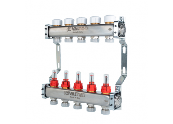 Коллекторная группа Valtec из нержавеющей стали, 1" x 3/4" ЕК на 5 выходов, с регулирующими клапанами и расходомерами VTc.584.EMNX.0605