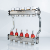 Коллекторная группа Valtec из нержавеющей стали, 1" x 3/4" ЕК на 5 выходов, с регулирующими клапанами и расходомерами VTc.584.EMNX.0605