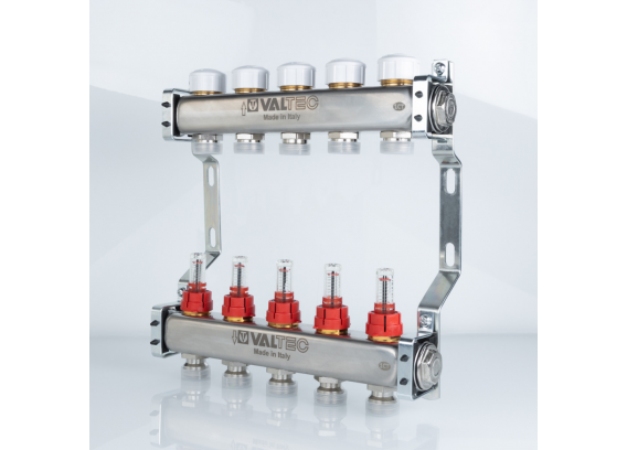 Коллекторная группа Valtec из нержавеющей стали, 1" x 3/4" ЕК на 5 выходов, с регулирующими клапанами и расходомерами VTc.584.EMNX.0605