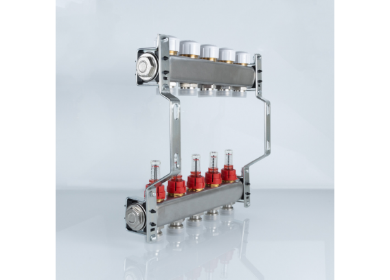 Коллекторная группа Valtec из нержавеющей стали, 1" x 3/4" ЕК на 5 выходов, с регулирующими клапанами и расходомерами VTc.584.EMNX.0605