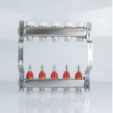 Коллекторная группа Valtec из нержавеющей стали, 1" x 3/4" ЕК на 5 выходов, с регулирующими клапанами и расходомерами VTc.584.EMNX.0605