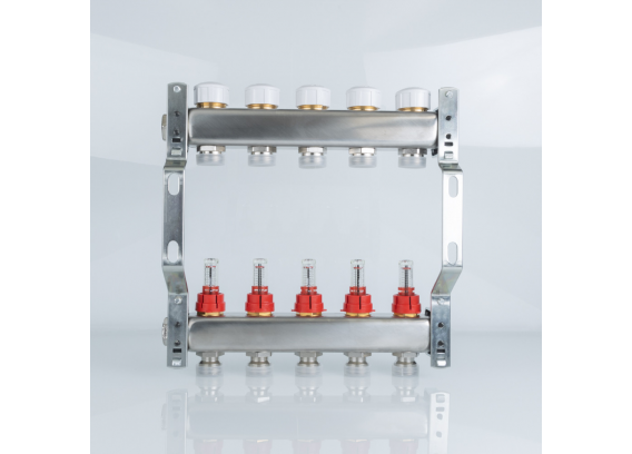 Коллекторная группа Valtec из нержавеющей стали, 1" x 3/4" ЕК на 5 выходов, с регулирующими клапанами и расходомерами VTc.584.EMNX.0605