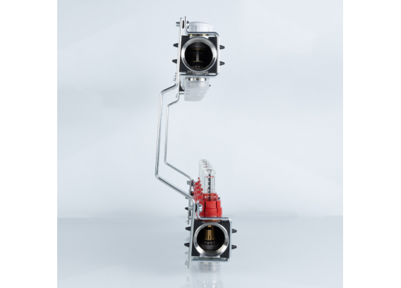 Коллекторная группа Valtec из нержавеющей стали, 1" x 3/4" ЕК на 5 выходов, с регулирующими клапанами и расходомерами VTc.584.EMNX.0605