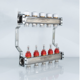 Коллекторная группа Valtec из нержавеющей стали, 1" x 3/4" ЕК на 5 выходов, с регулирующими клапанами и расходомерами VTc.584.EMNX.0605