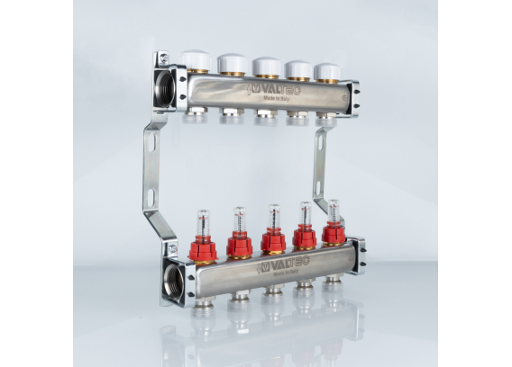 Коллекторная группа Valtec из нержавеющей стали, 1" x 3/4" ЕК на 5 выходов, с регулирующими клапанами и расходомерами VTc.584.EMNX.0605