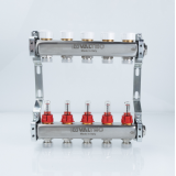 Коллекторная группа Valtec из нержавеющей стали, 1" x 3/4" ЕК на 5 выходов, с регулирующими клапанами и расходомерами VTc.584.EMNX.0605