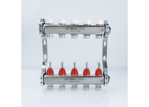 Коллекторная группа Valtec из нержавеющей стали, 1" x 3/4" ЕК на 5 выходов, с регулирующими клапанами и расходомерами VTc.584.EMNX.0605