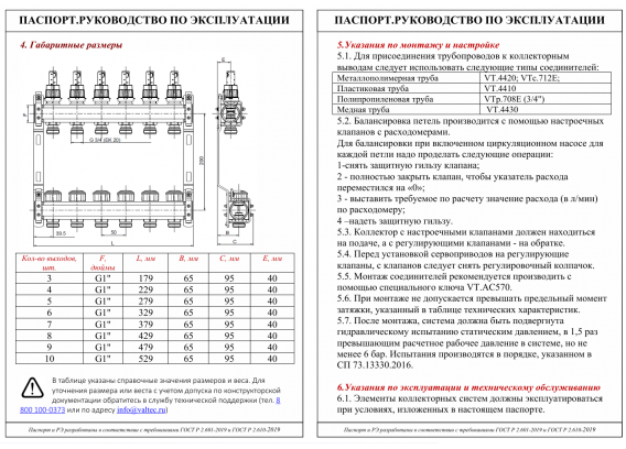 Коллекторная группа Valtec из нержавеющей стали, 1" x 3/4" ЕК на 5 выходов, с регулирующими клапанами и расходомерами VTc.584.EMNX.0605