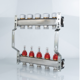 Коллекторная группа Valtec из нержавеющей стали, 1" x 3/4" ЕК на 5 выходов, с регулирующими клапанами и расходомерами VTc.584.EMNX.0605